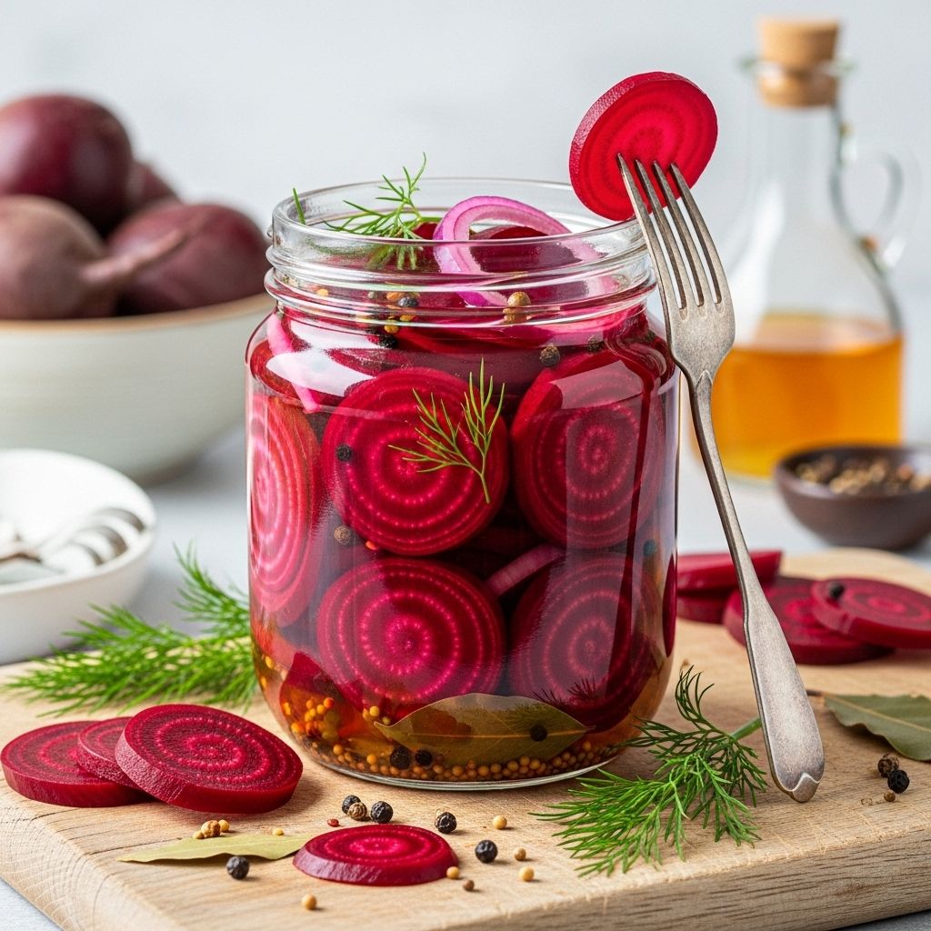 Homemade beets preserved in bright brine infuse dishes with bold sweetness and spice.