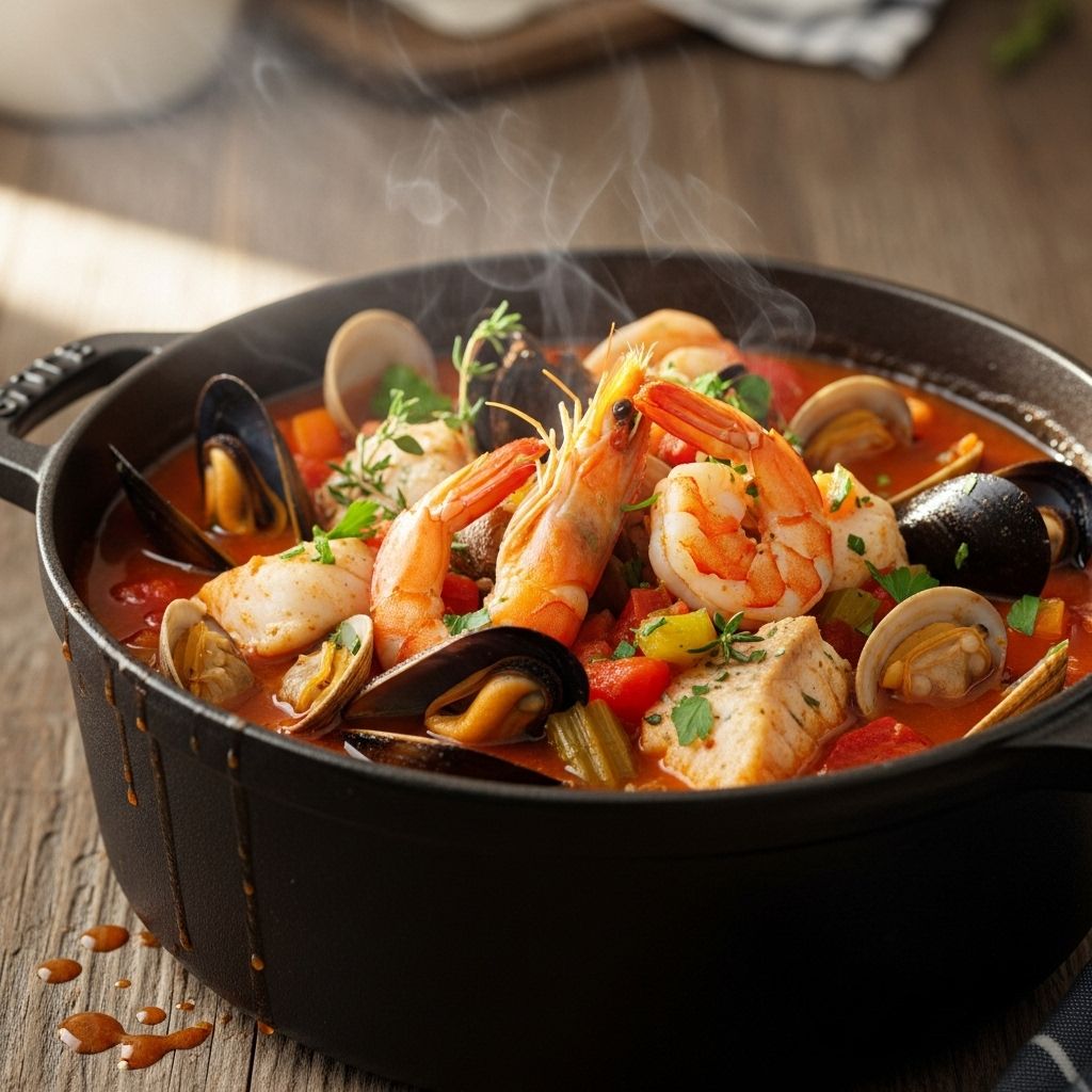 Dive into a quick, hearty seafood stew packed with mussels, cod, and shrimp—ready in 25 minutes for a nutritious, comforting meal.