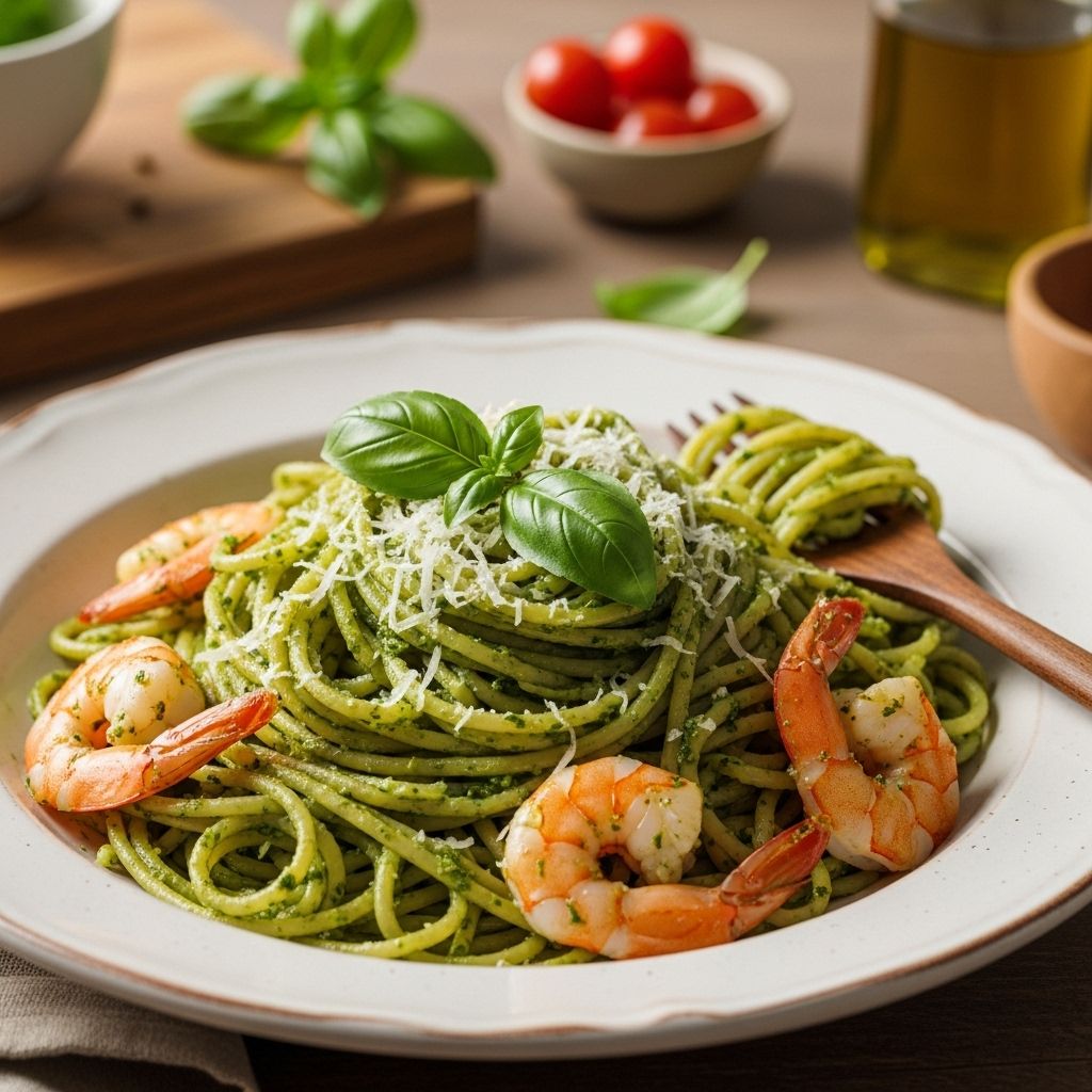 Fresh basil sauce and tender seafood create a vibrant, effortless dinner to savor.