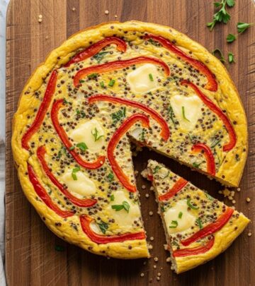 Elevate your brunch with this easy, nutritious quinoa frittata featuring roasted red peppers and Manchego cheese—a vibrant dish bursting with flavor and wholesome ingredients.