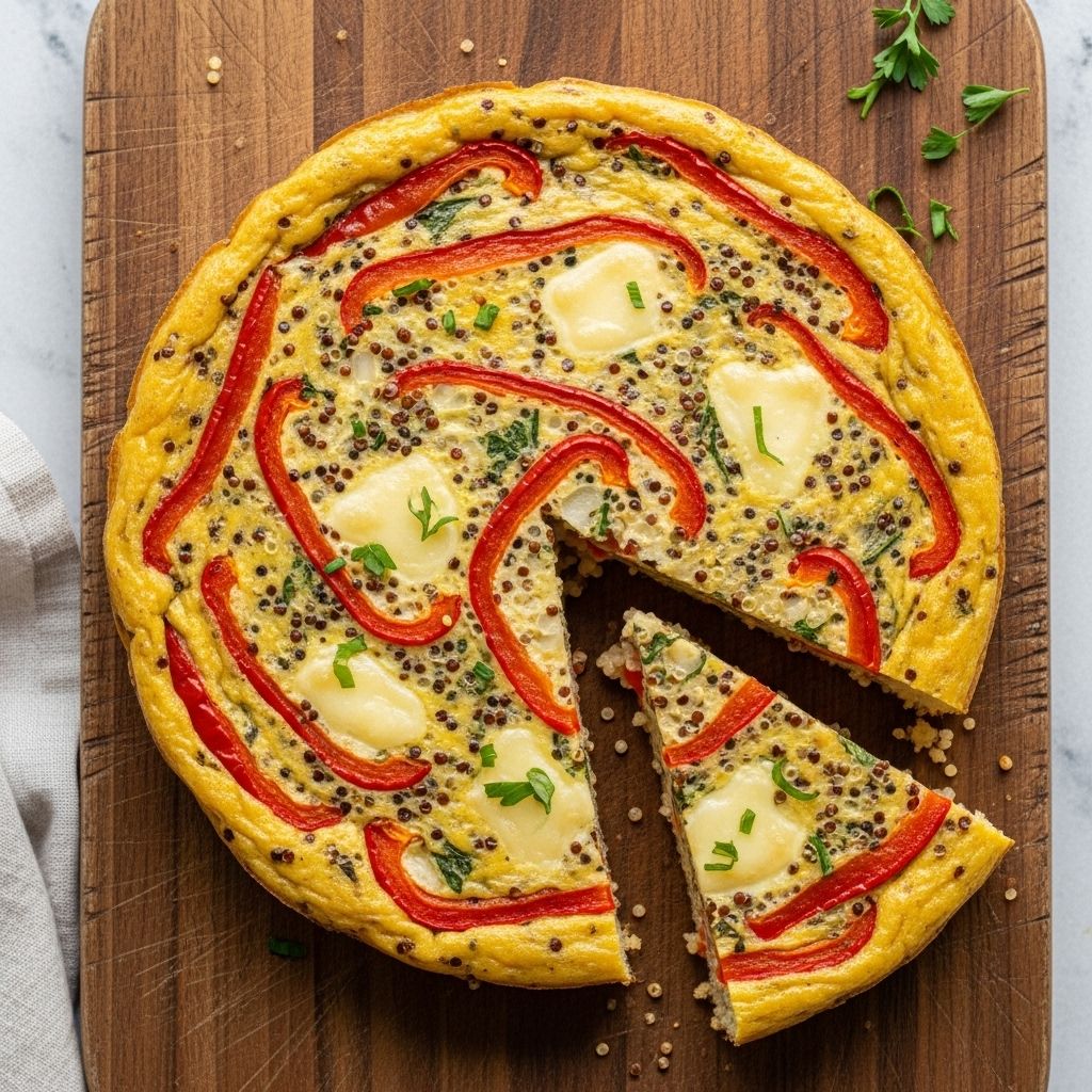 Elevate your brunch with this easy, nutritious quinoa frittata featuring roasted red peppers and Manchego cheese—a vibrant dish bursting with flavor and wholesome ingredients.