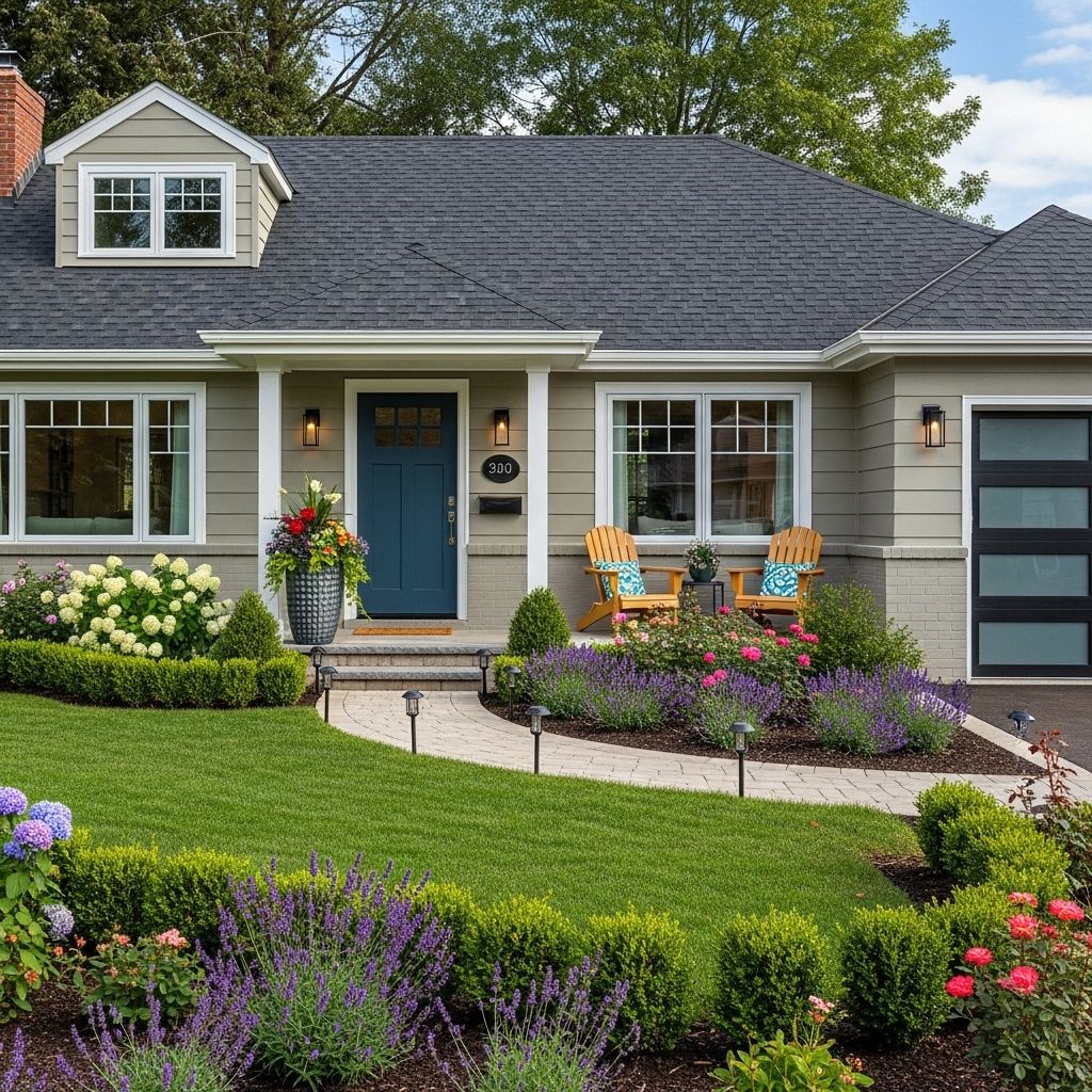Bold paint contrasts and greenery refresh single-level facades with cozy charm.