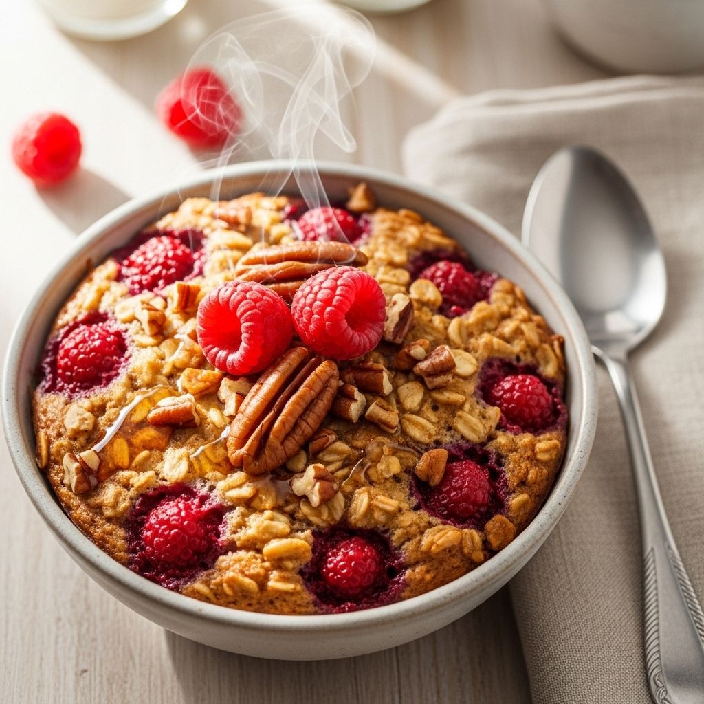 Discover a berry crisp-inspired baked oatmeal packed with intense raspberry flavor, crunchy pecans, and nourishing oats.