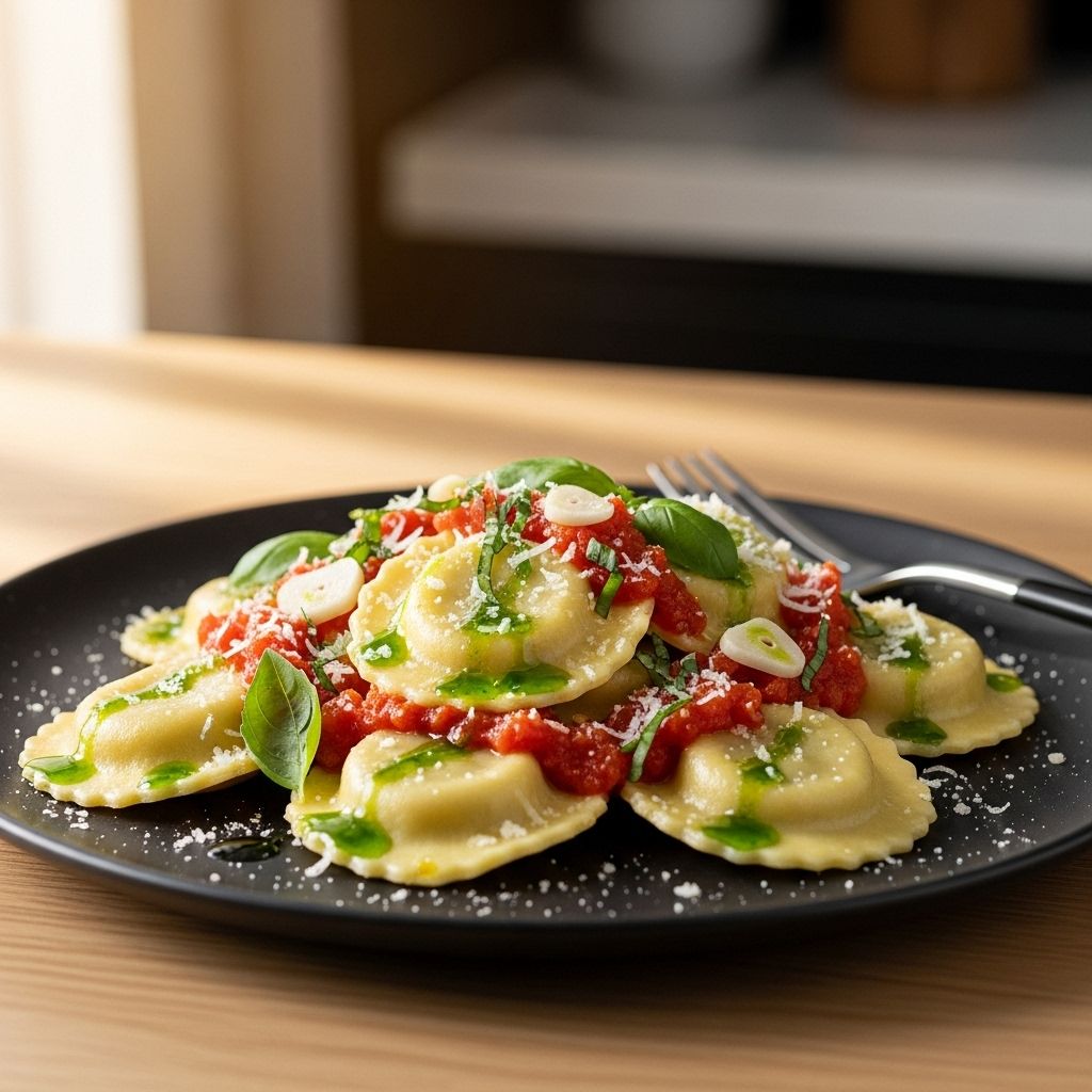 Effortless and vibrant, this no-cook tomato sauce ravioli delivers a fresh, flavor-packed meal in just 15 minutes.