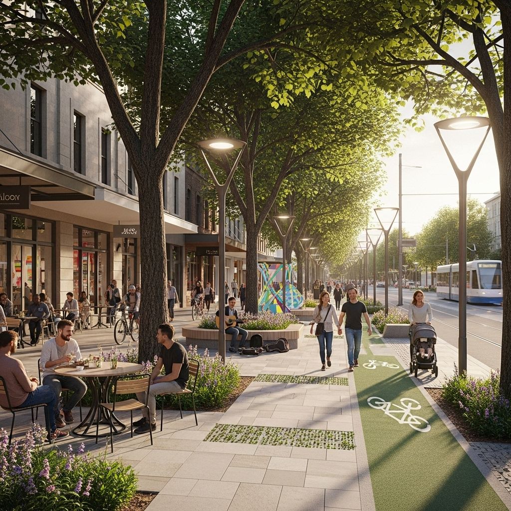 Reimagining urban sidewalks and streets for vibrant, walkable, inclusive communities with less car dominance.