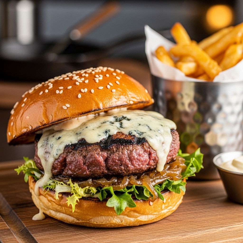 Chargrilling and Roquefort melting elevate a patty and brioche into a gourmet burger.