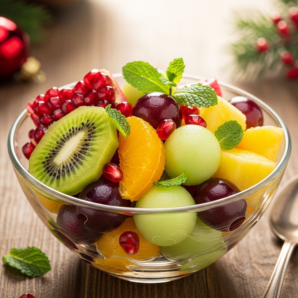 Red-and-Green Fruit Salad with Mint Syrup Recipe Juicy berries, crisp melon, and tangy seeds blend under a sweet drizzle for seasonal zing.