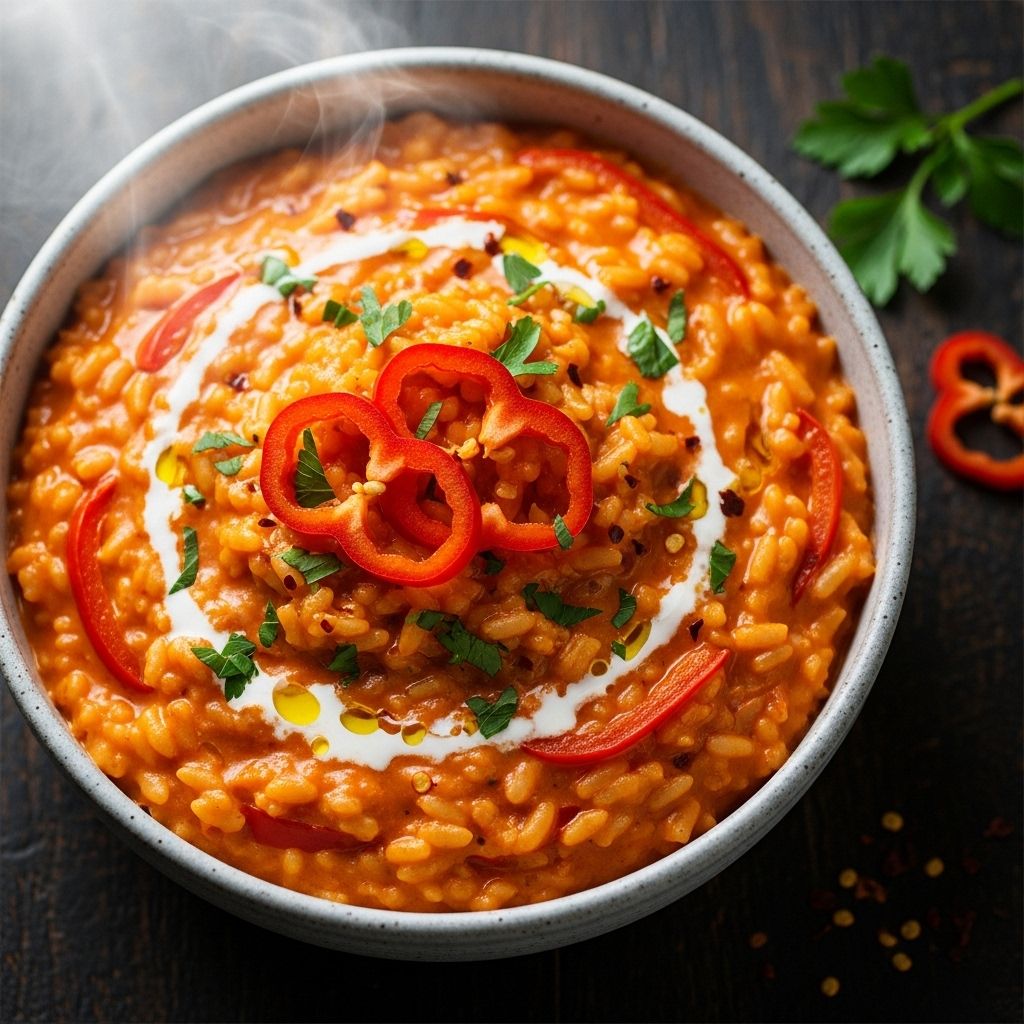 A colorful spin on classic rice dish combining sweet peppers with rich, creamy texture.
