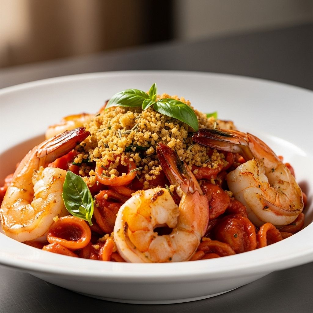 Red Pistou Pasta with Shrimp and Crunchy Herbes de Provence Crumbs A blend of sun-dried tomato umami, bright lemon, and aromatic crunch in every bite.