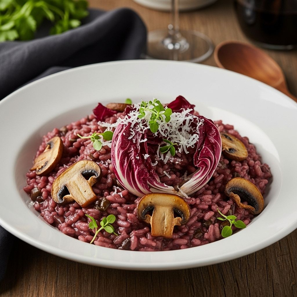 An elegant vegetarian risotto recipe featuring red wine, earthy mushrooms, and bitter radicchio for a rich, satisfying twist.
