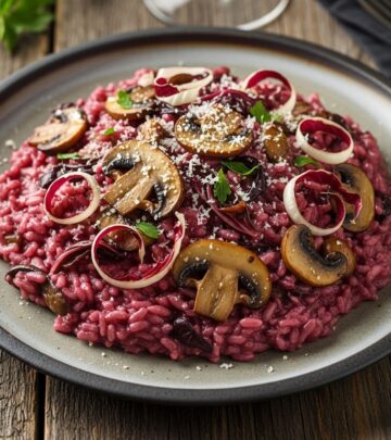 Discover an elevated Italian risotto—silky, savory, and delightful with mushrooms, red wine, and radicchio.