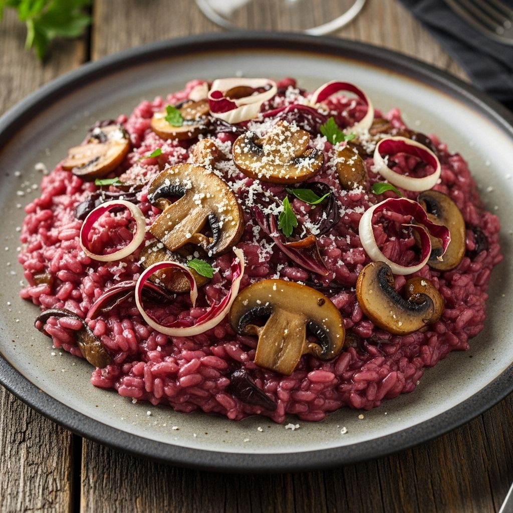 Discover an elevated Italian risotto—silky, savory, and delightful with mushrooms, red wine, and radicchio.