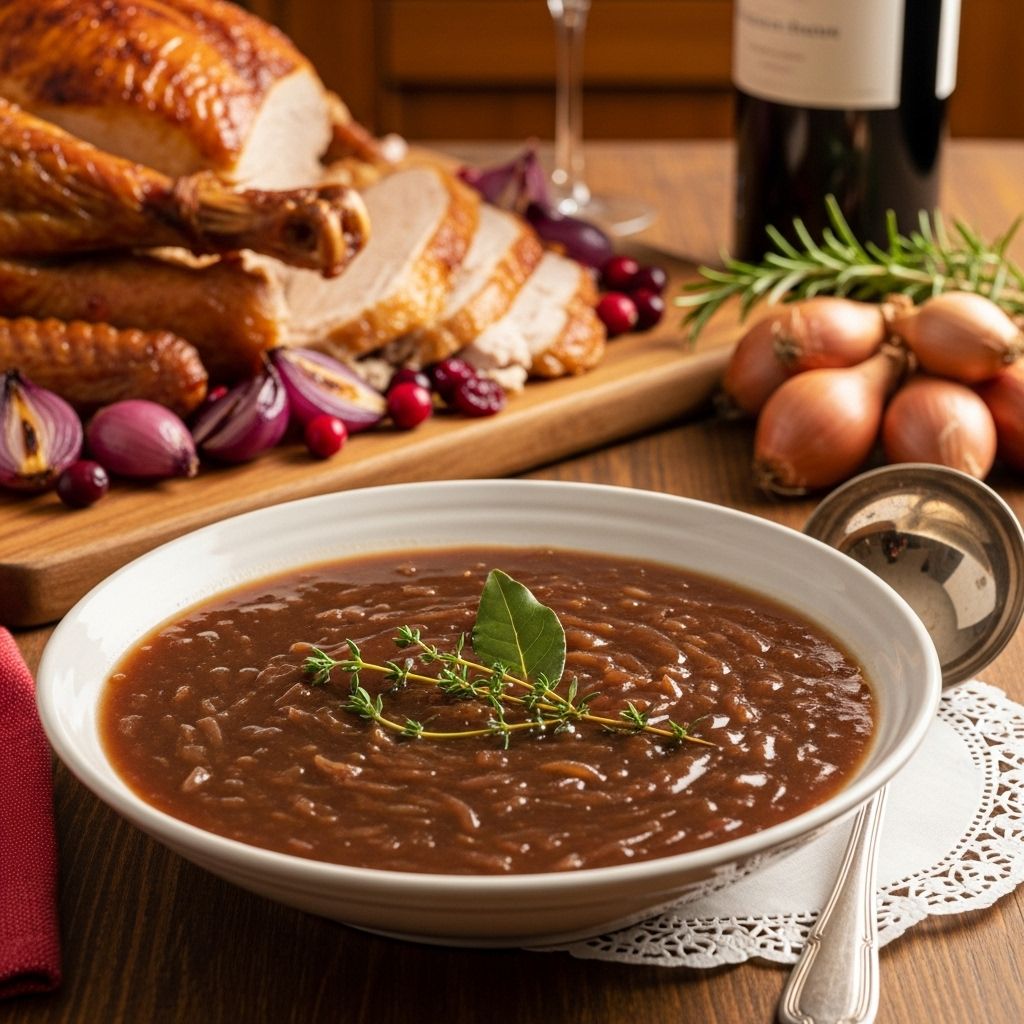 Red Wine and Shallot Turkey Gravy: A Flavor-Packed Thanksgiving Staple Silky, nuanced flavors merge in a make-ahead sauce that elevates every holiday plate.