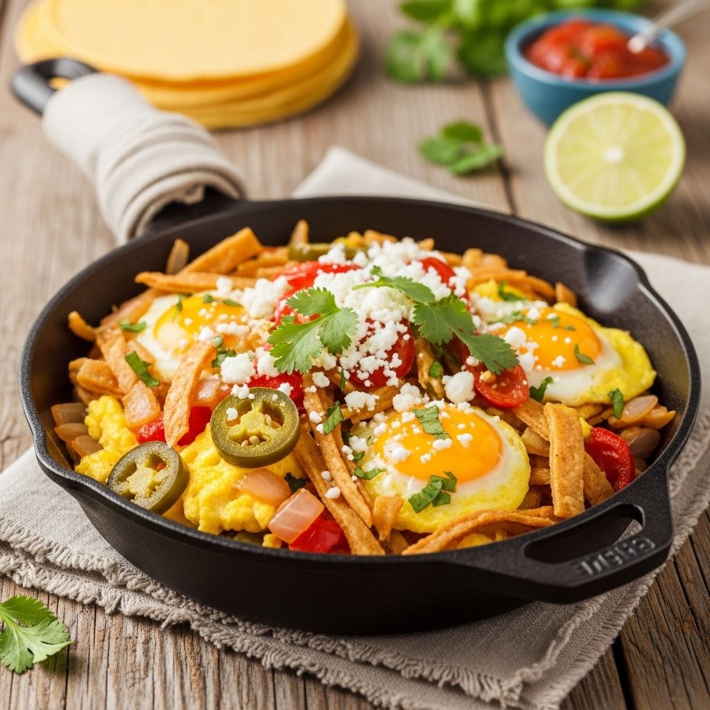 Crunchy tortilla bits mingle with silky eggs and bright veggies for a brunch twist.