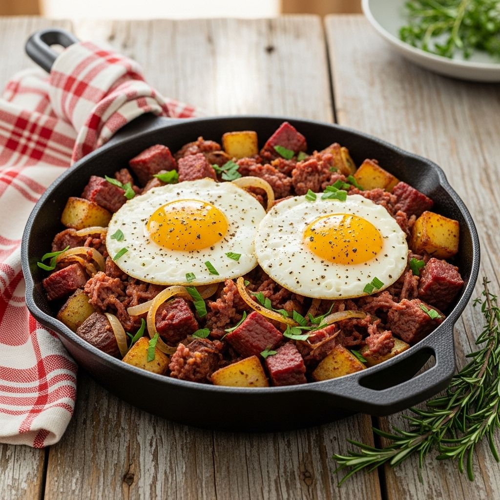 Leftover meat and potatoes come together in a skillet for a next-level breakfast twist.