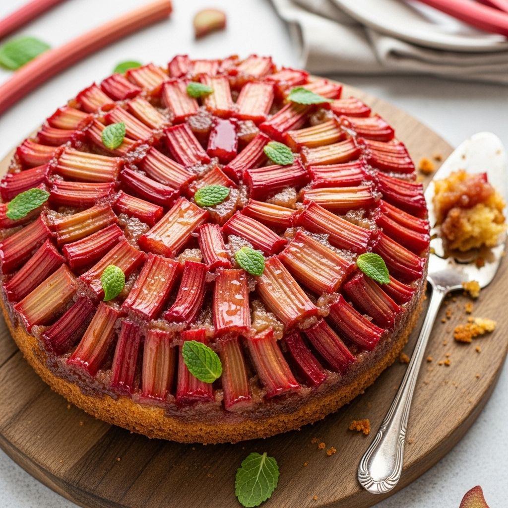 Tart stalks and honey caramel transform batter into a fuss free centerpiece dessert.