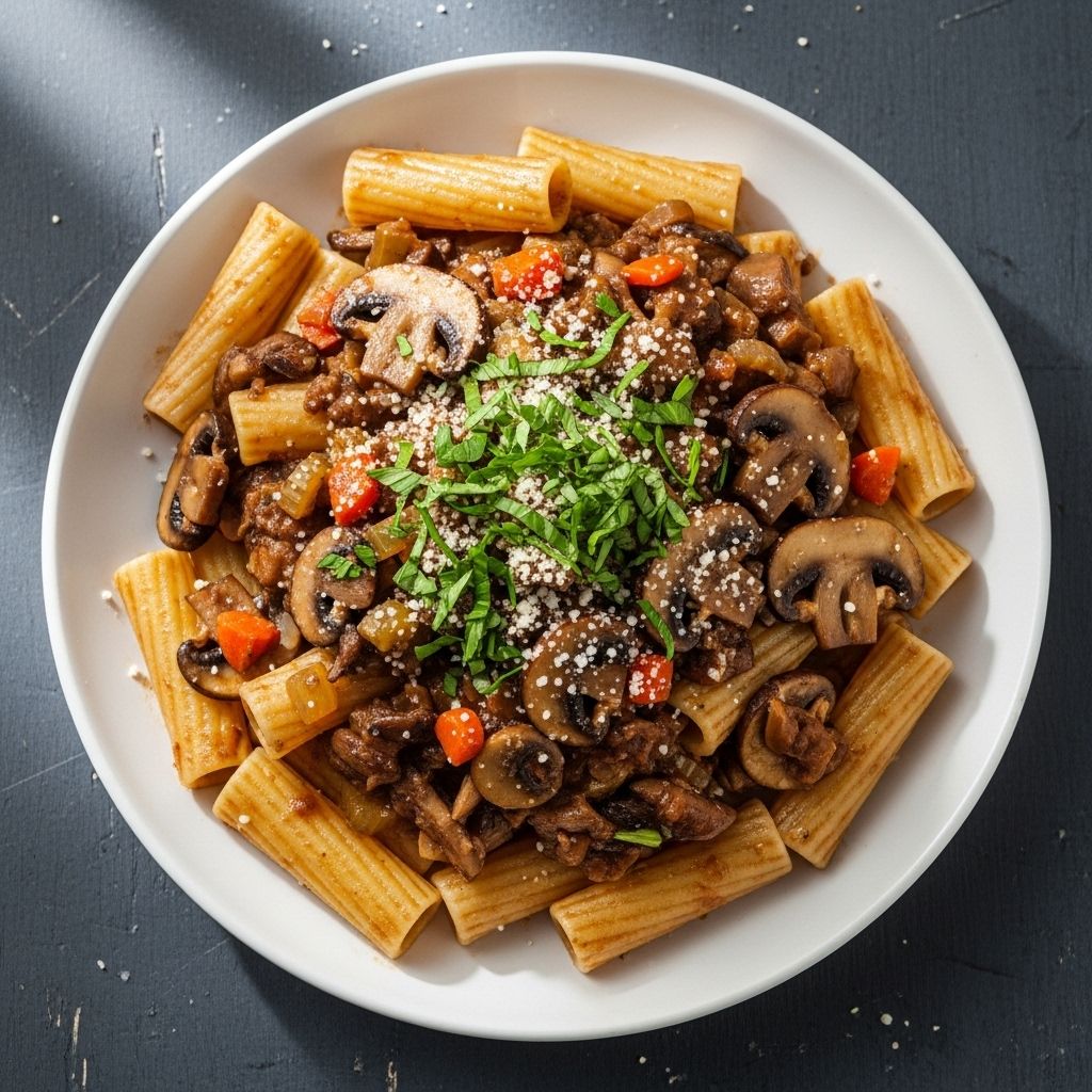 An indulgent medley of earthy fungi and melting cheese elevates traditional pasta to new heights.
