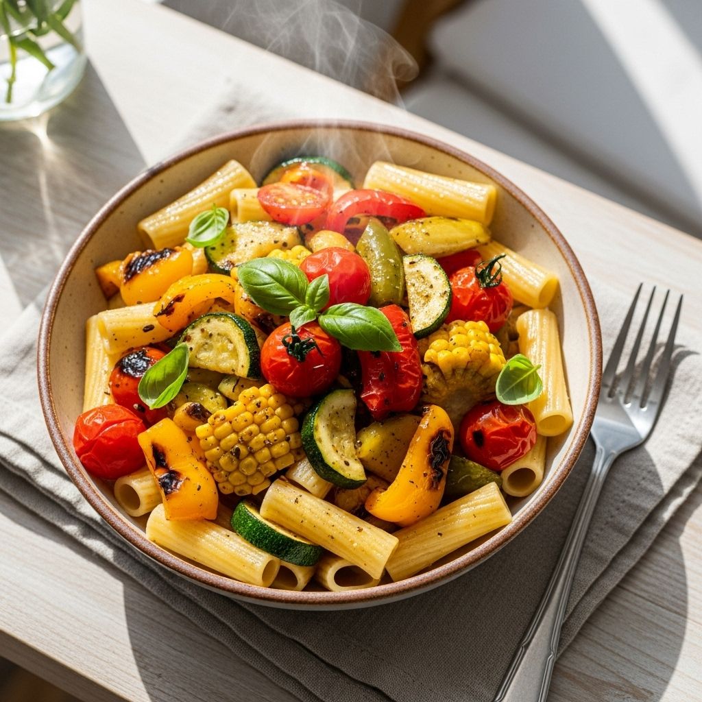 Squash, corn, and peas mingle with lemon and mozzarella for a light, creamy dinner.