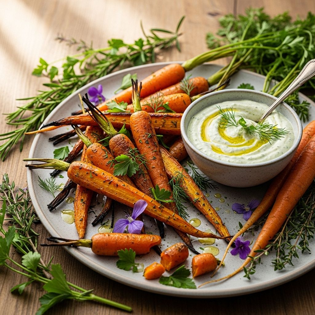Roasted Carrots with Spring Herb Dip Sweet caramel notes in vegetables blend with savory spices and a creamy accompaniment.