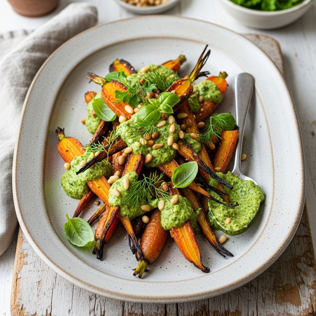 Roasted Carrots with Spring Pesto Recipe Caramelized vegetables meet a bright herb blend for a nutritious upgrade to any menu.