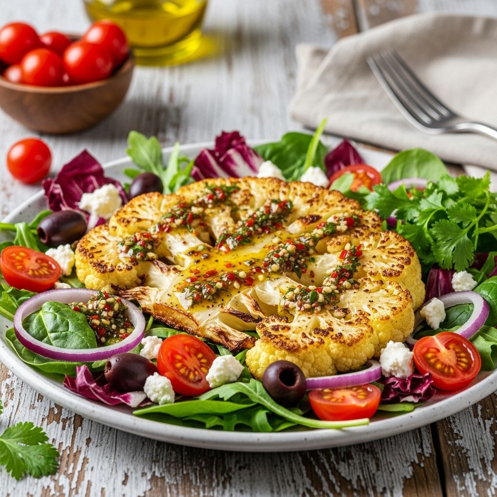 Roasted Cauliflower Steak Salad: A Flavorful, Nutritious Twist A satisfying mix of crisp greens and spiced chickpeas for a nourishing, taste-rich bite.