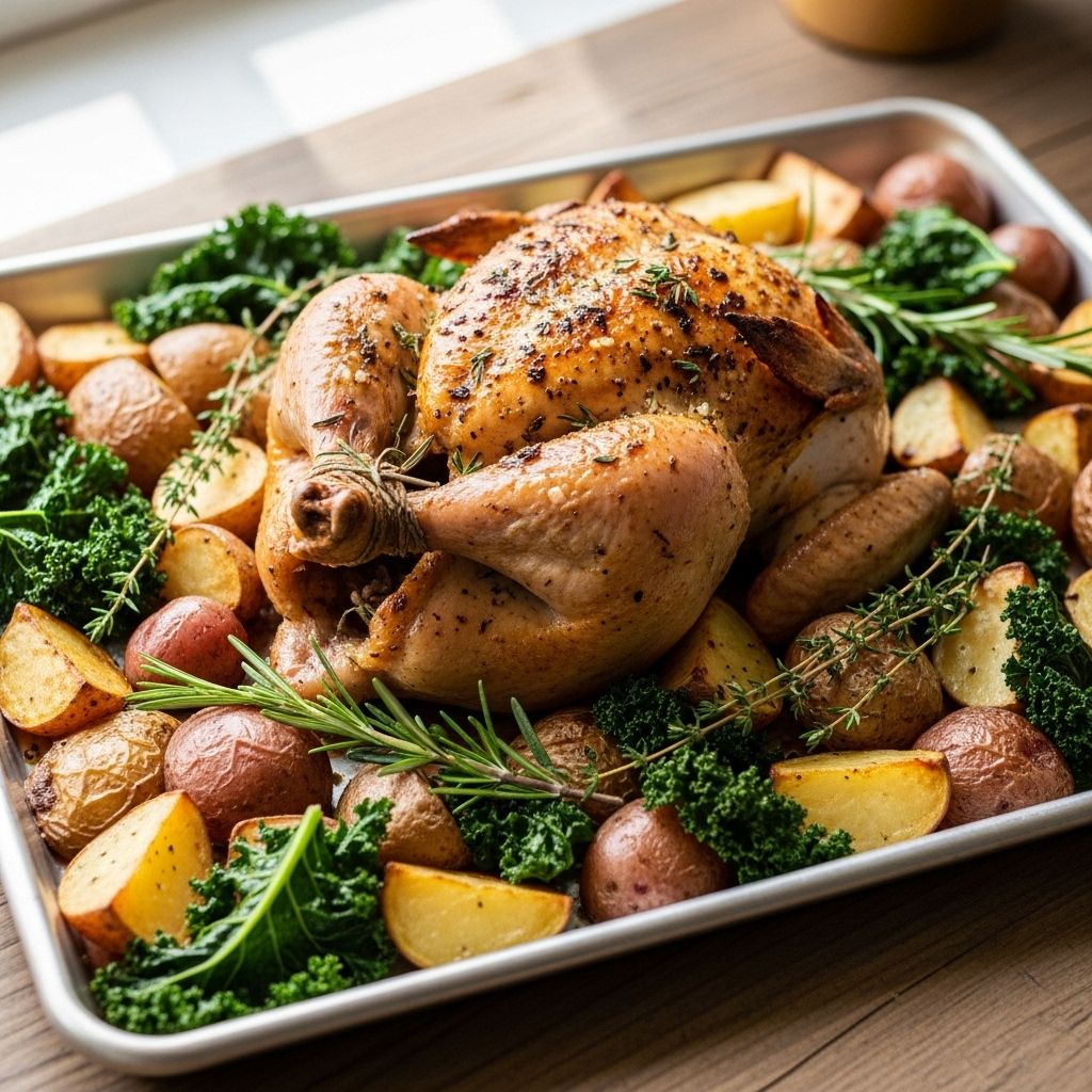 Discover a nutritious, flavorful, and fuss-free sheet pan meal starring juicy roasted chicken, crispy potatoes, and savory kale.