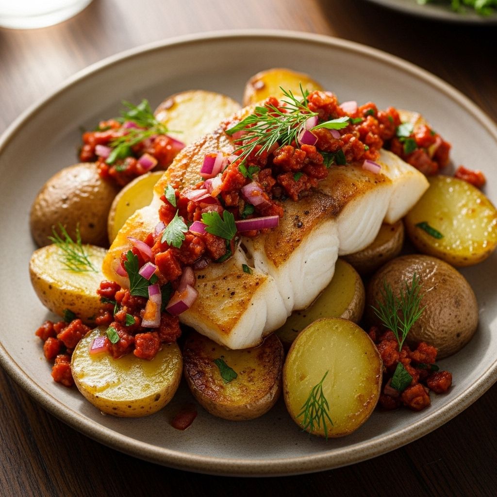 Discover how to prepare an elevated weeknight dinner with roasted cod, golden new potatoes, and a vibrant chorizo vinaigrette.