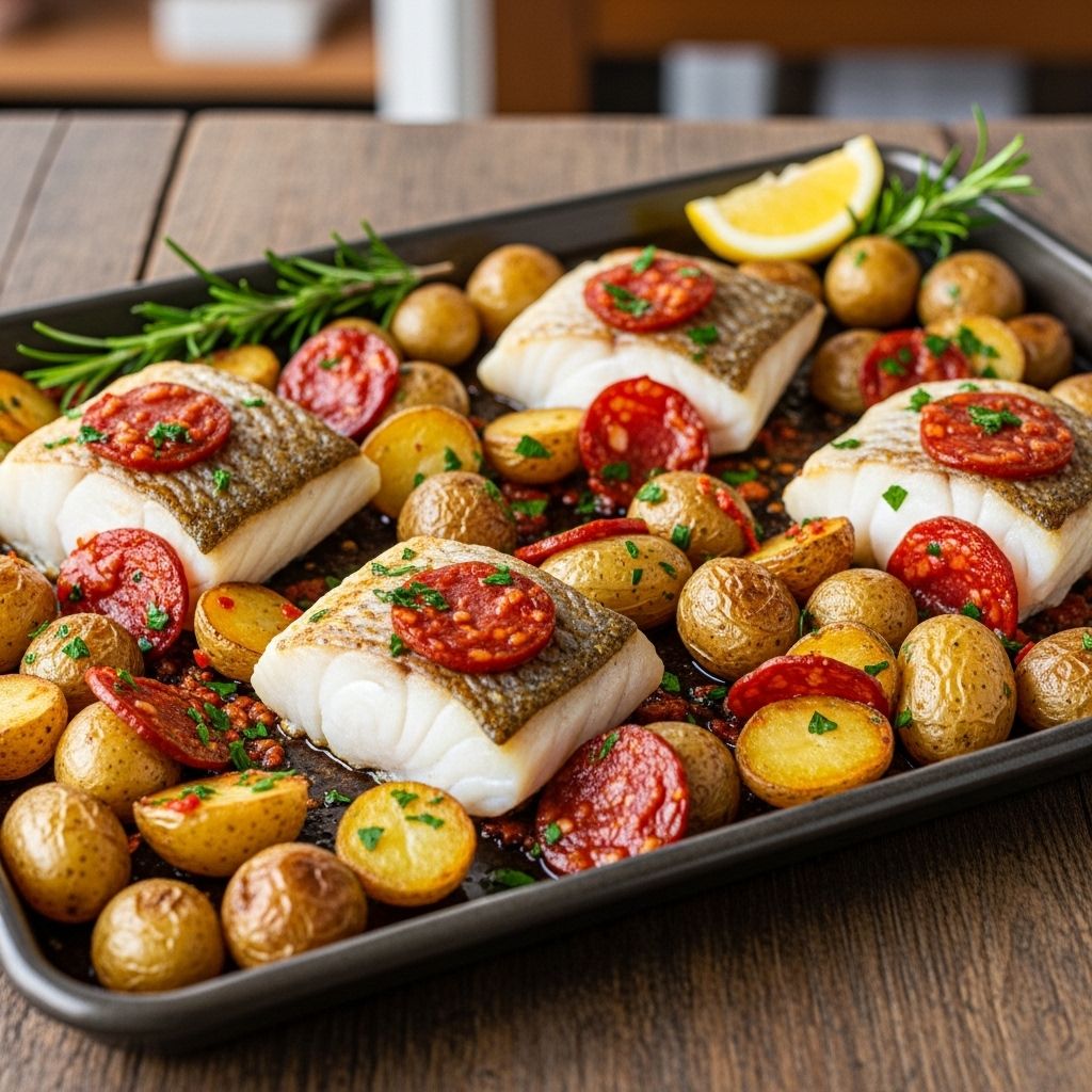 Roasted Cod and New Potatoes With Chorizo Vinaigrette: A Flavor-Packed Sheet Pan Recipe Enjoy a simple, healthy sheet pan dinner with cod, new potatoes, and a smoky chorizo vinaigrette that brings flavor and balance.