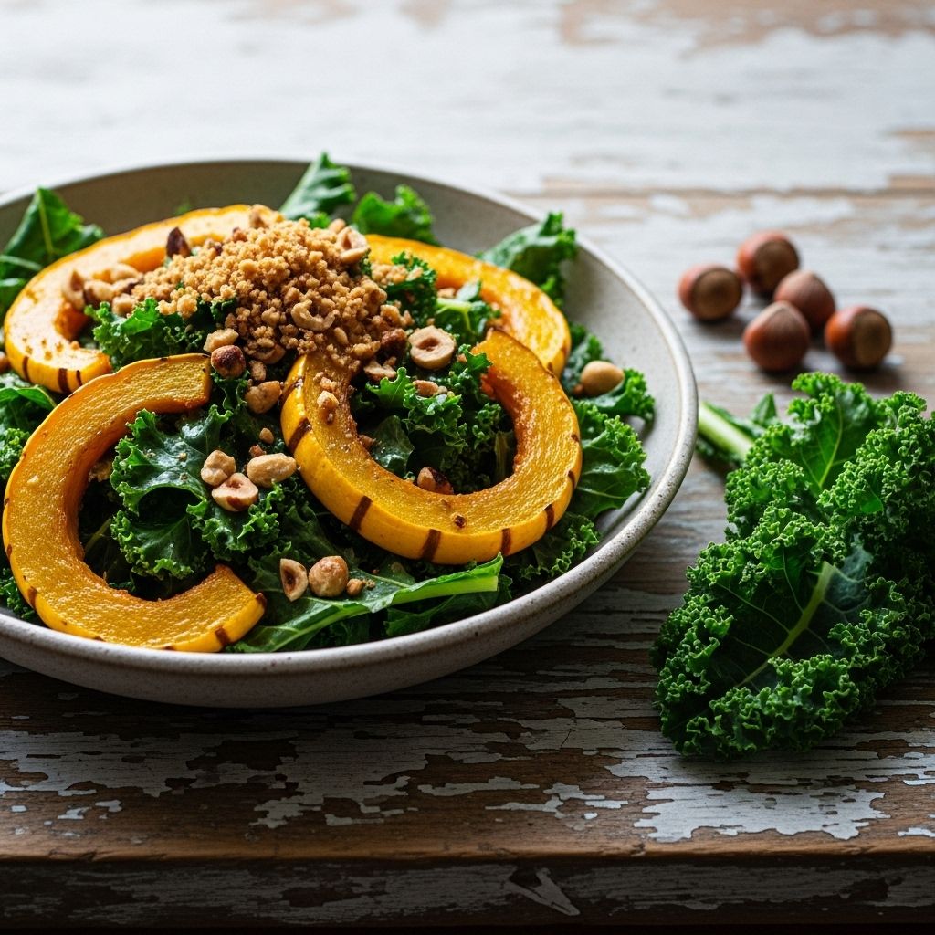 A vibrant blend of caramelized squash, tender kale, and nutty crunch in every bite.