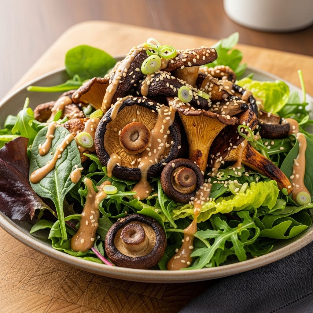 Savor roasted wild mushrooms atop fresh greens, elevated with a gut-friendly, umami-rich miso dressing for a memorable, healthy meal.