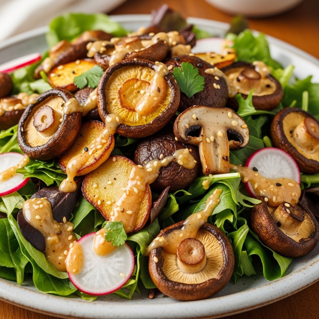 Elevate your next salad with umami-rich roasted mushrooms and a probiotic-packed miso dressing for a vibrant, gut-healthy meal.