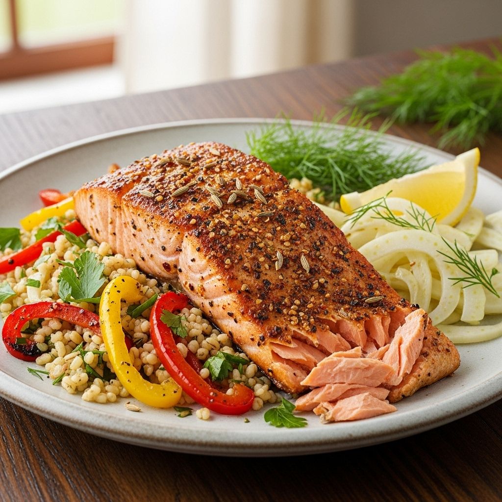 Savor a heart-healthy dinner of fennel-spiced salmon paired with roasted pepper bulgur, rich in protein and Mediterranean flavor.