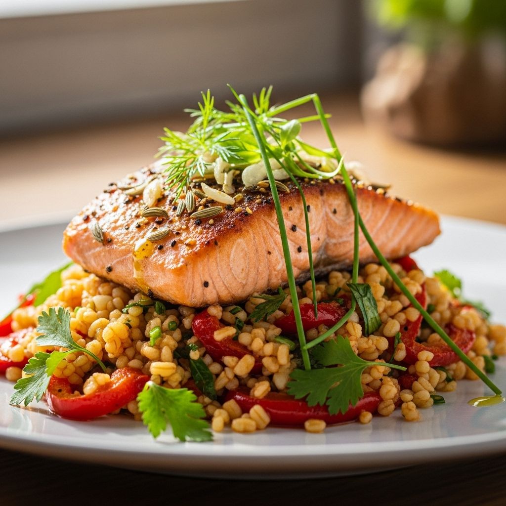 Discover a nutrient-packed, Mediterranean-inspired dinner with roasted pepper bulgur and fennel-spiced salmon for balanced flavor and health.