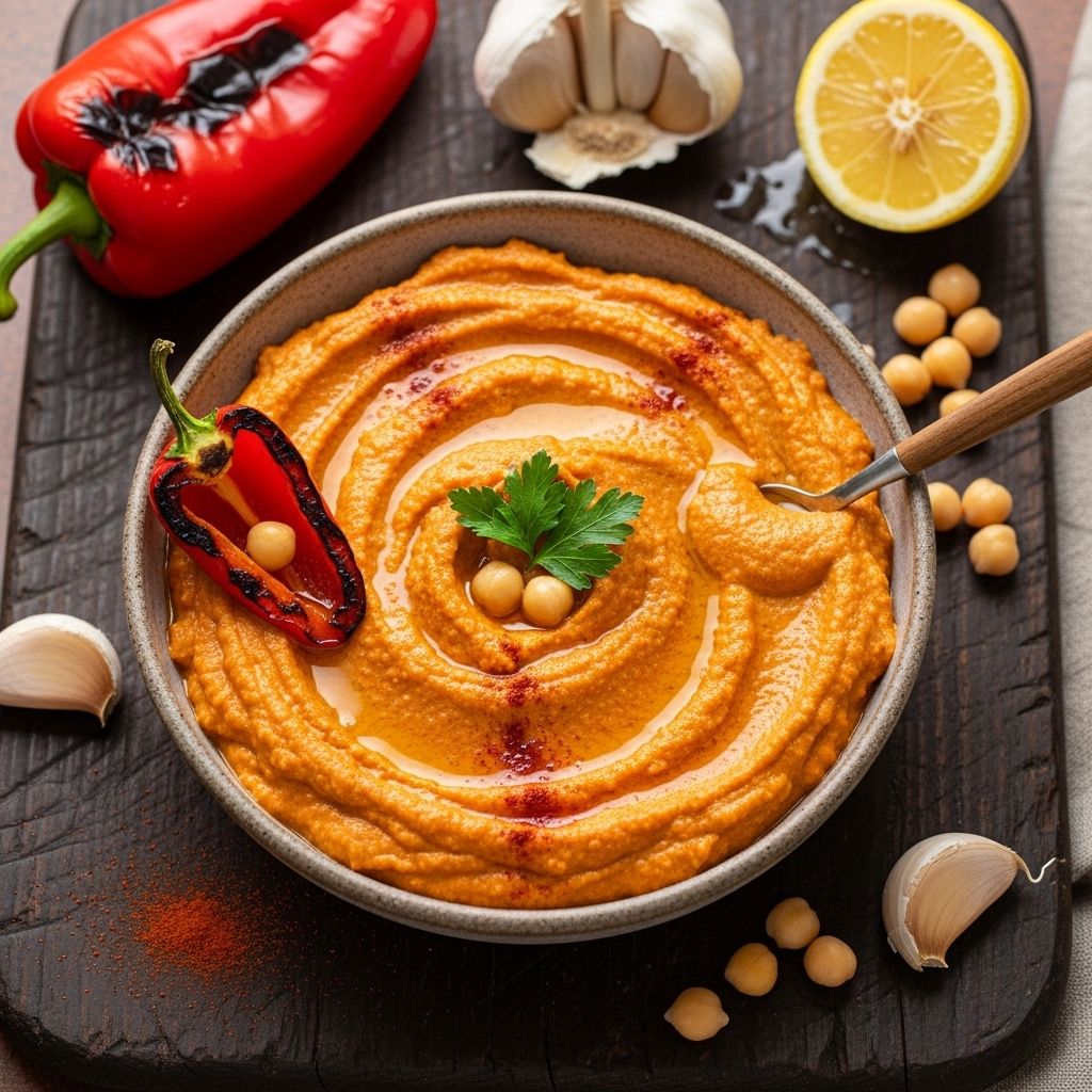 Roasted Red Pepper Hummus: Creamy, Smoky, Irresistible Brilliantly colored spread with tangy garlic and lemon for effortless snack upgrades.