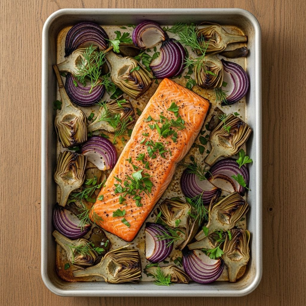 A single tray of Mediterranean ingredients delivers a satisfying weeknight meal.