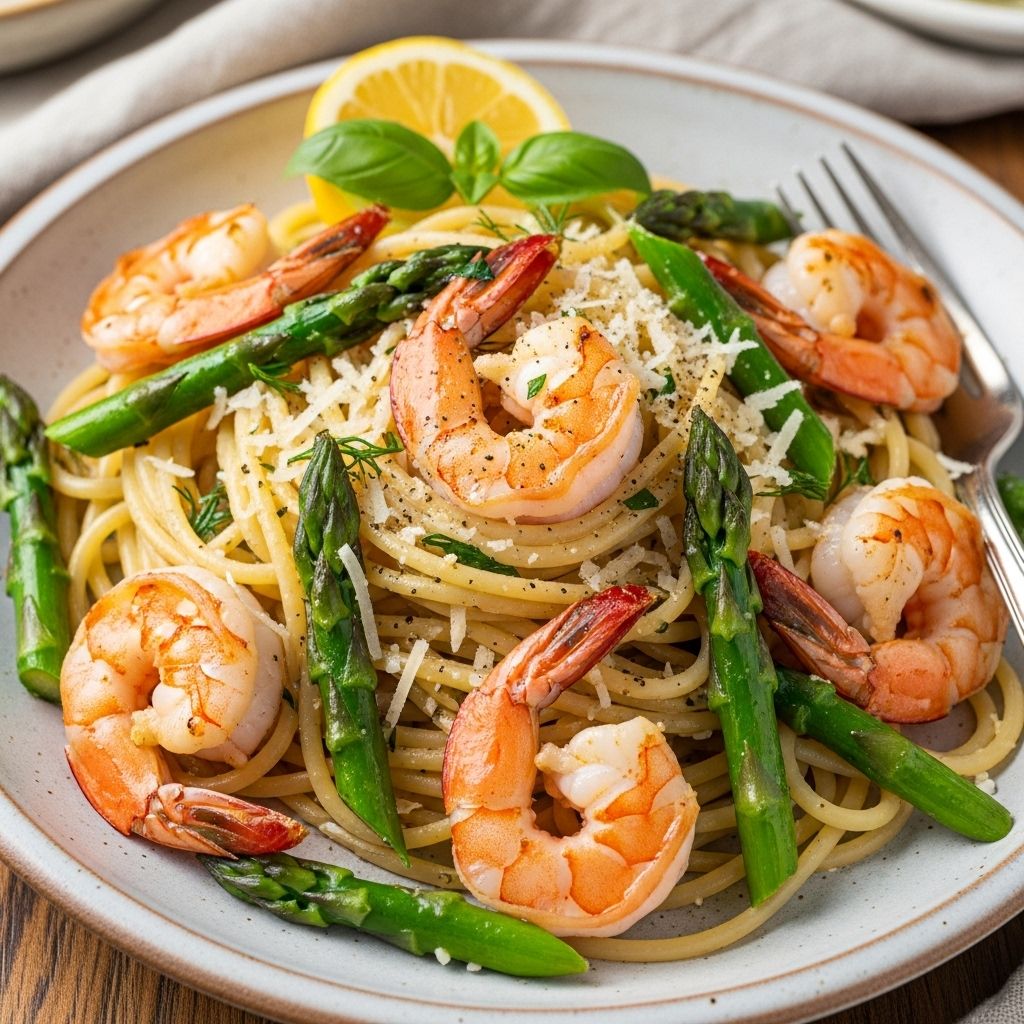 Celebrate seasonal vegetables and succulent shrimp with this quick, healthy pasta favorite packed with flavor and nutrition.