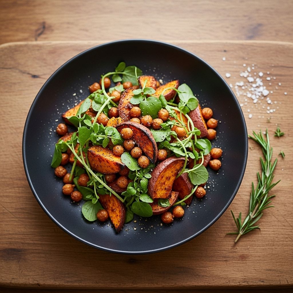 A vibrant, plant-rich dish featuring roasted sweet potatoes, crispy chickpeas, and peppery watercress—perfect for healthy, delicious dining.