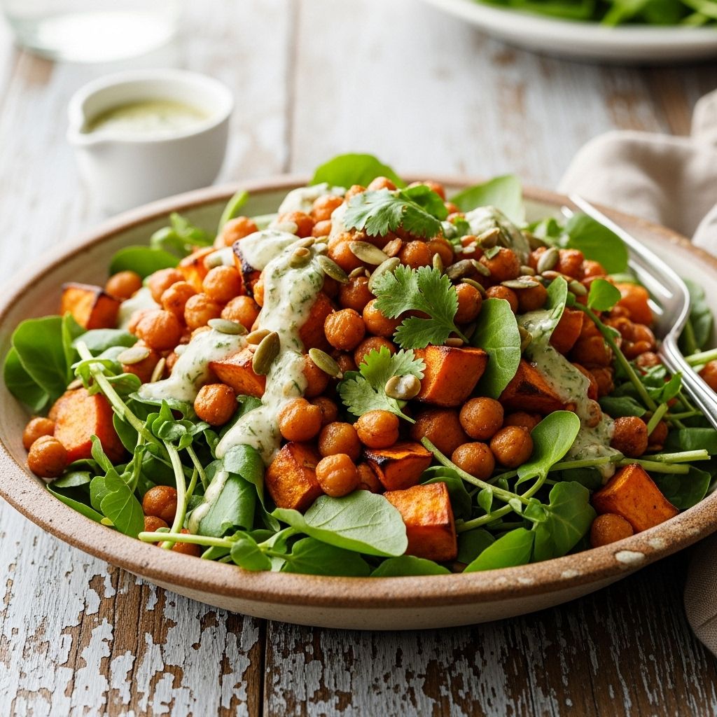 Elevate mealtime with this powerhouse salad—crispy sweet potatoes, chickpeas, peppery watercress, and a creamy, umami-rich dressing.