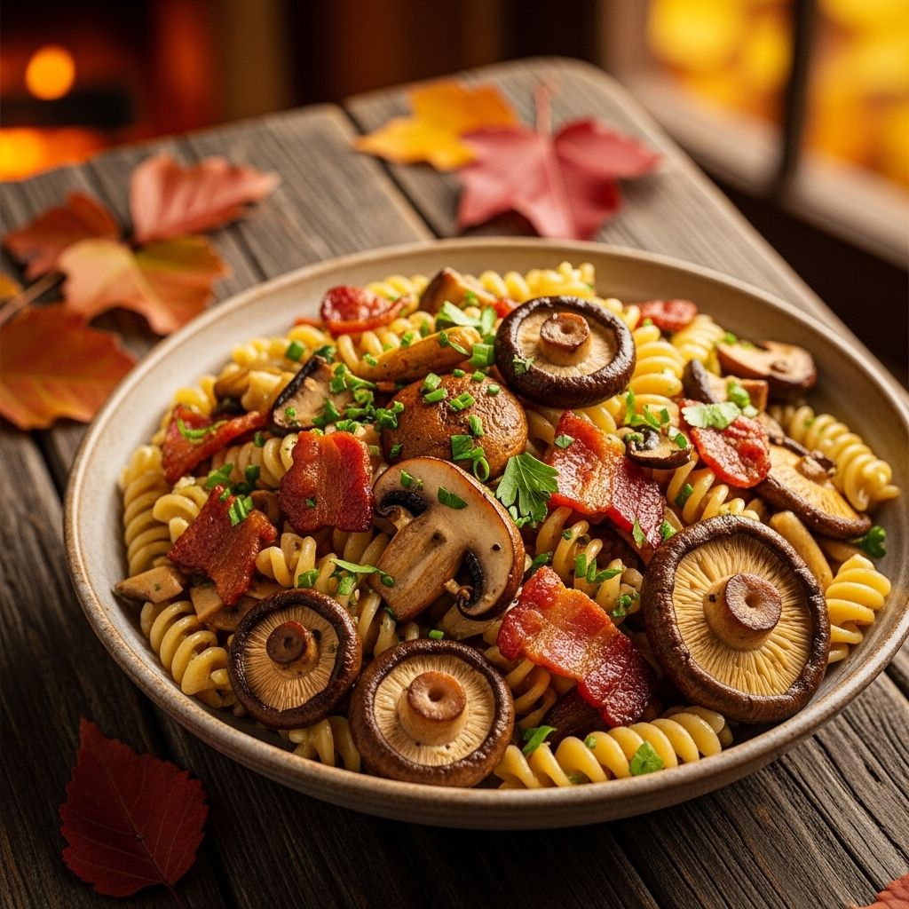 Discover how to craft a savory, umami-rich pasta dinner featuring roasted wild mushrooms, crispy bacon, and rotini in a simple, flavor-packed recipe.