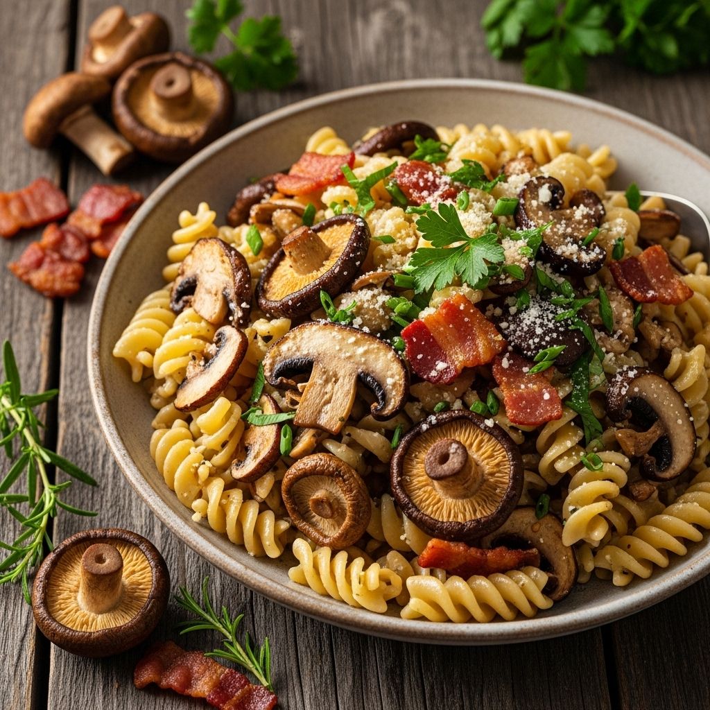 Savor the earthy elegance of roasted wild mushrooms with bacon and rotini in this cozy, flavor-packed recipe ideal for fall.