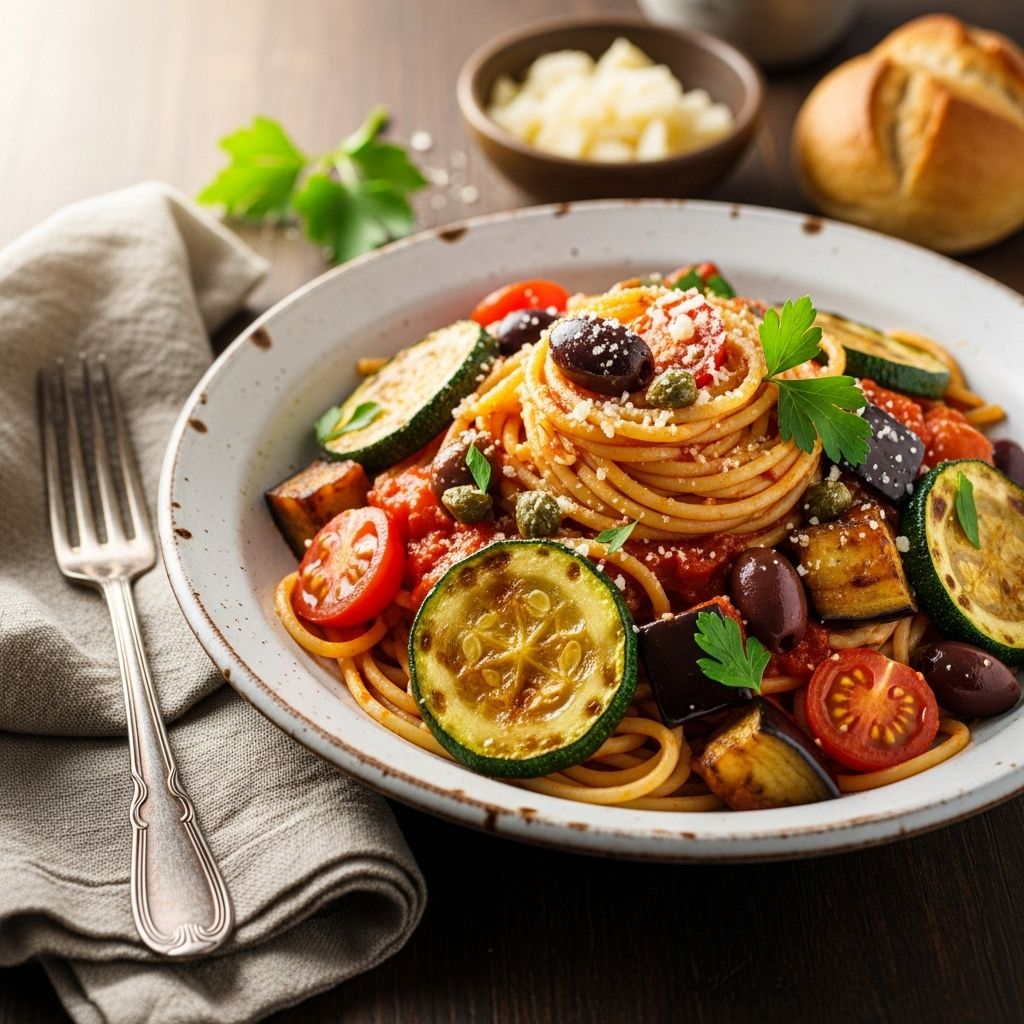 Sweet caramelized veg meet briny capers and olives for a vibrant, savory summer dinner.