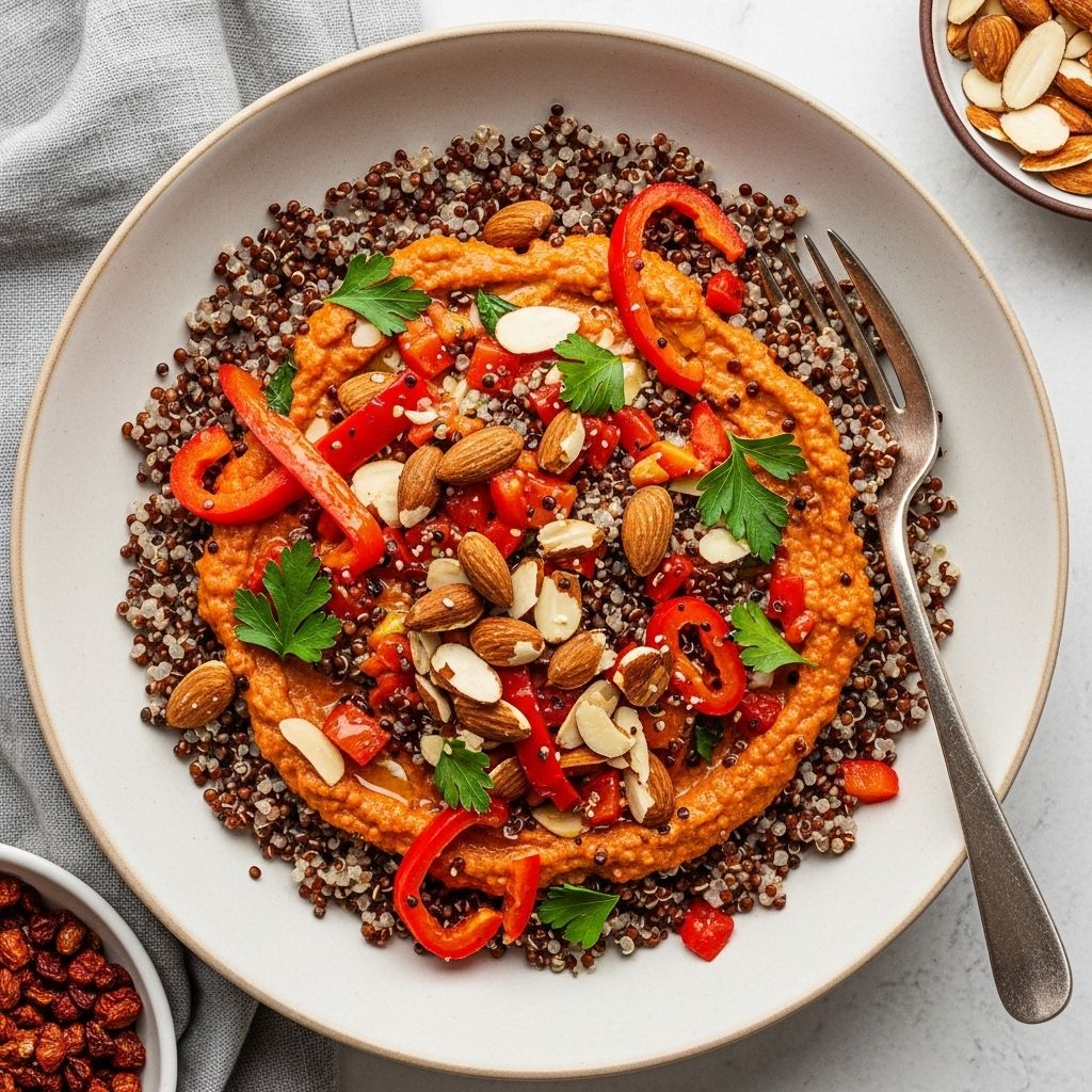 Experience Spanish flair at your table with this vibrant, protein-packed Romesco quinoa dish, featuring almonds, peppers, and Manchego cheese.