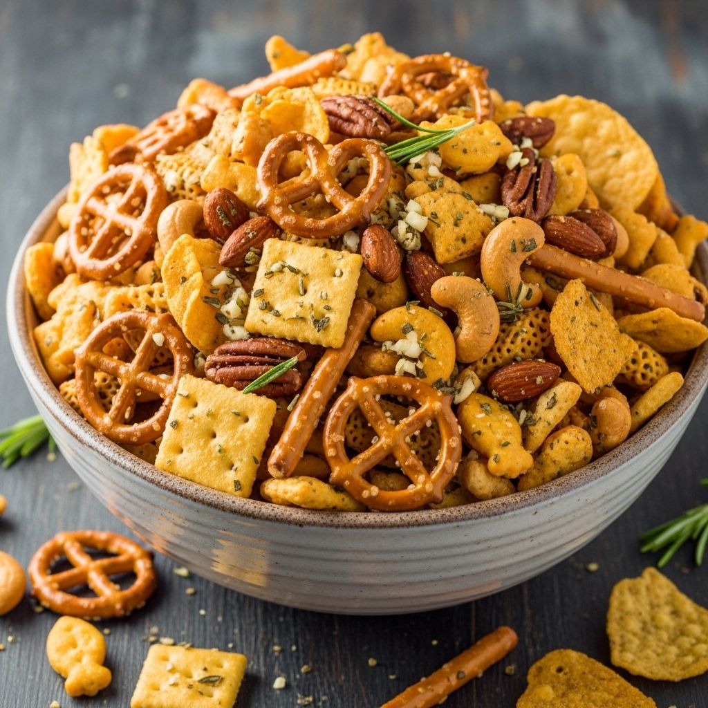 Rosemary Garlic Snack Mix: A Savory and Satisfying Party Treat A buttery herb coating brings balanced flavor and crisp texture to every bite.