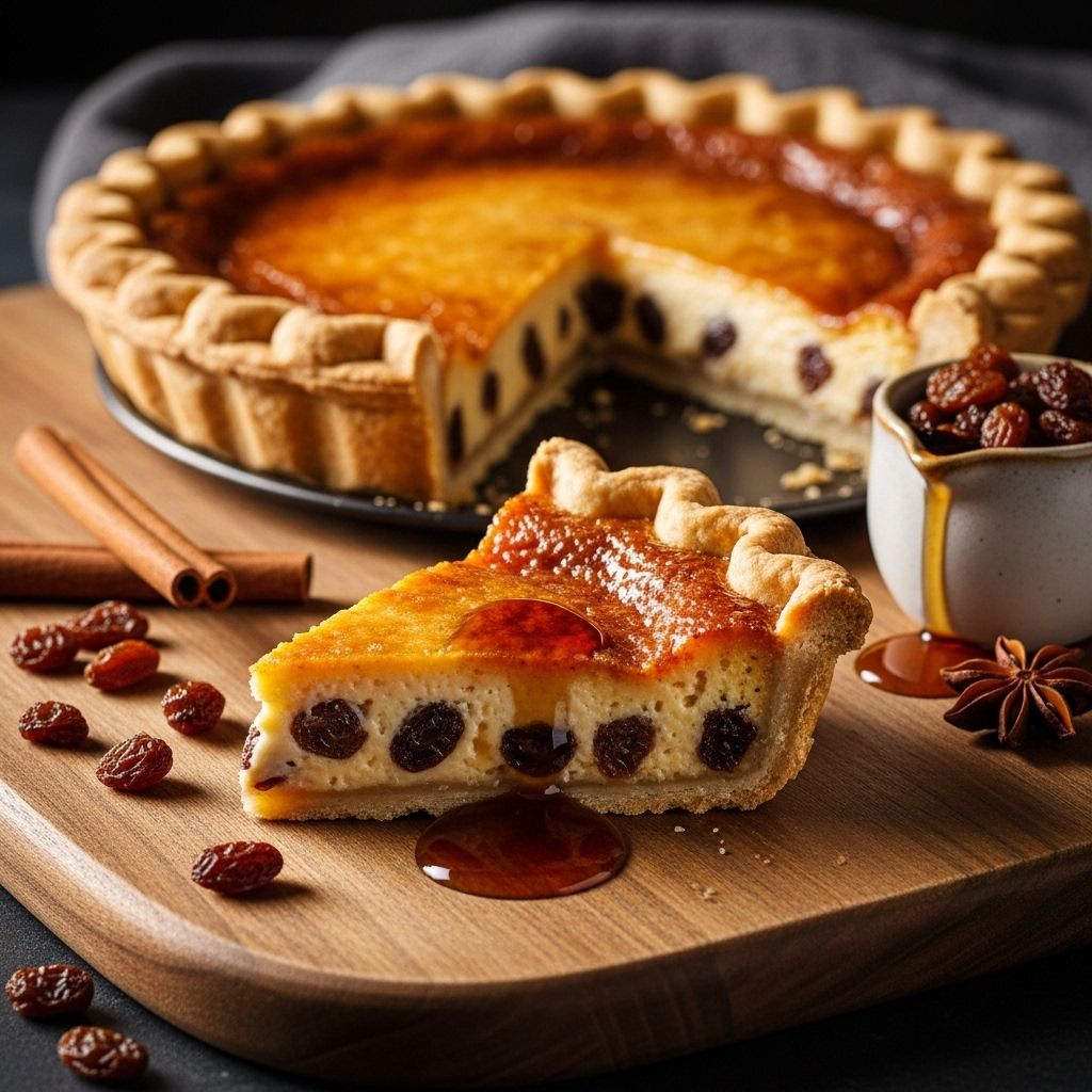 A rich custard pie gains a spirited depth and sweetness from dark rum–infused raisins.