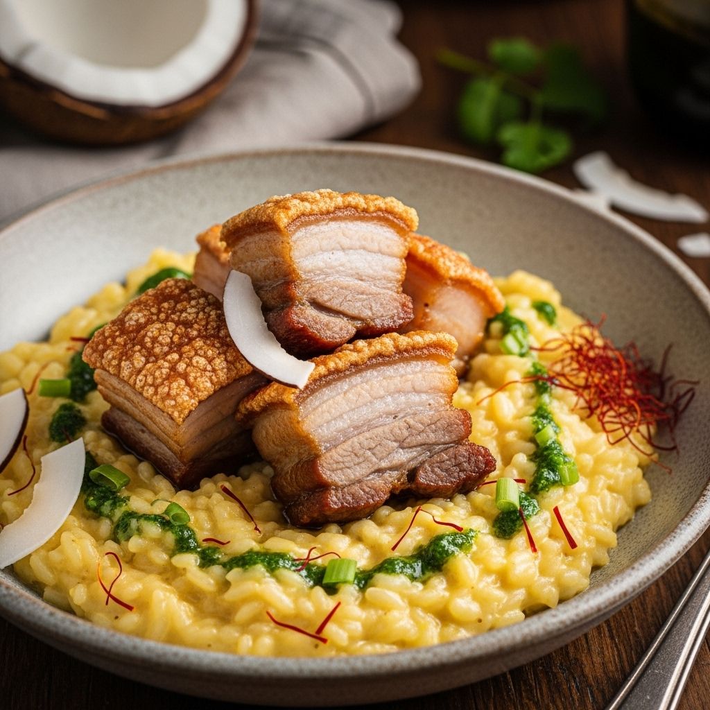 Saffron and Coconut Milk Risotto with Crispy Pork: A Fusion of Comfort and Flavor Silky saffron rice meets crisp pork nuggets for a balanced fusion of flavor and texture.