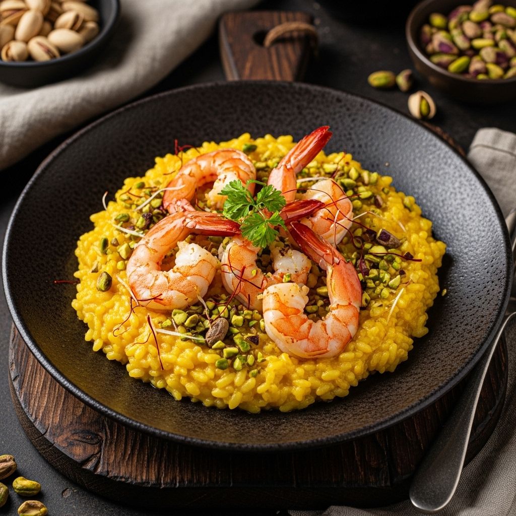 Creamy grains meet floral spices, briny seafood, and toasty nuts in a luxurious meal.