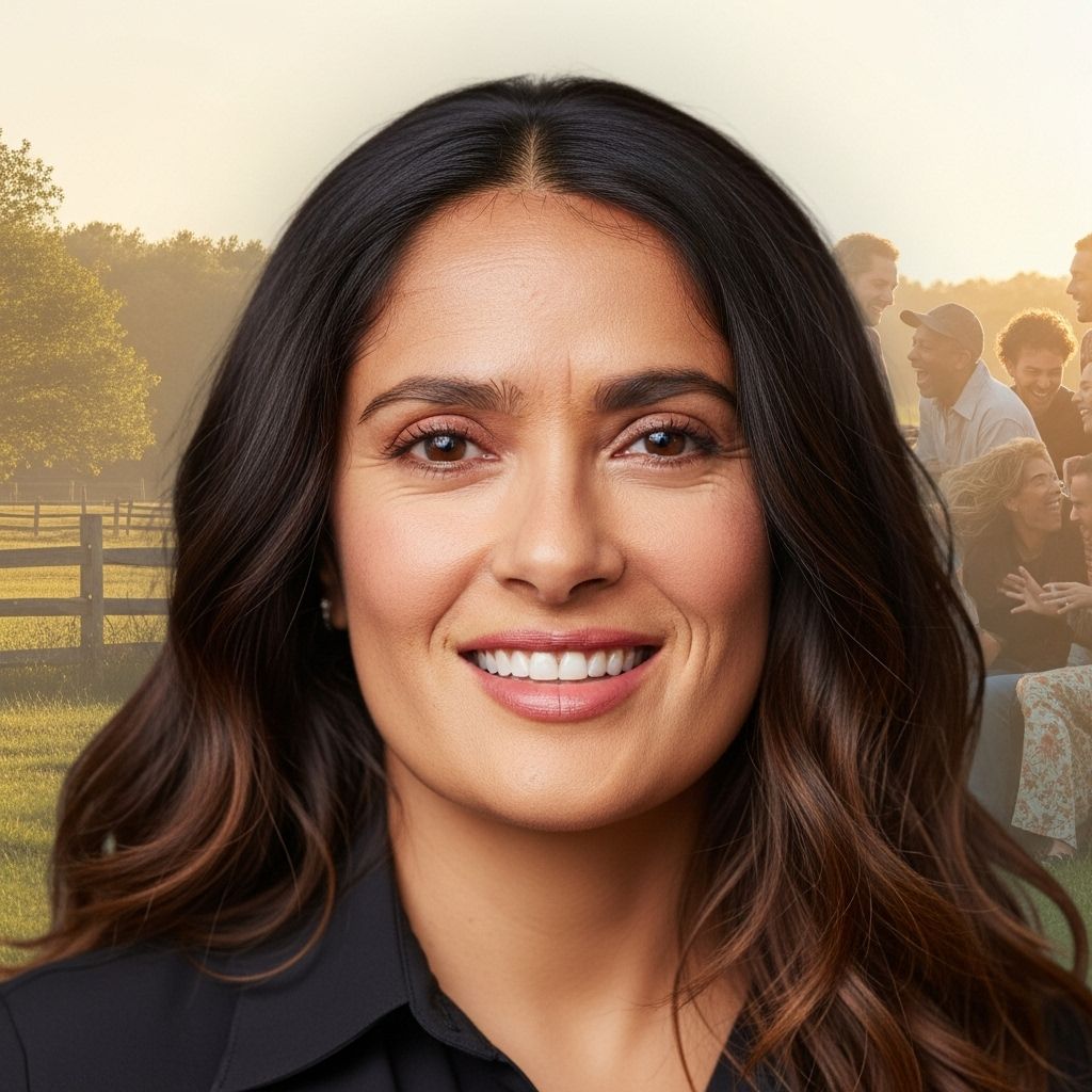 Salma Hayek embraces white hairs, wrinkles, and a makeup-free glow during a serene farm getaway with celebrity friends.
