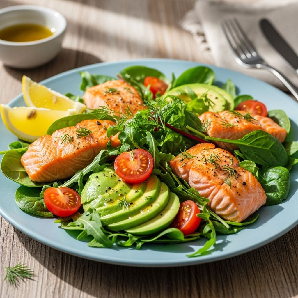 Savor the vibrant flavors of heart-healthy salmon, creamy avocado, and juicy tomatoes in this nutritious and simple salad.