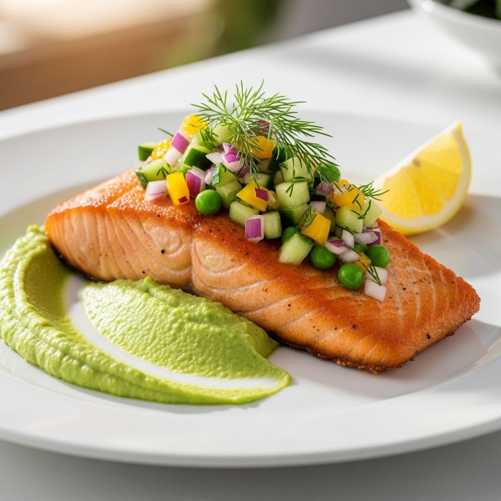 A vibrant, heart-healthy meal combining crisp salmon, wholesome puree, and refreshing salsa for flavorful nutrition.