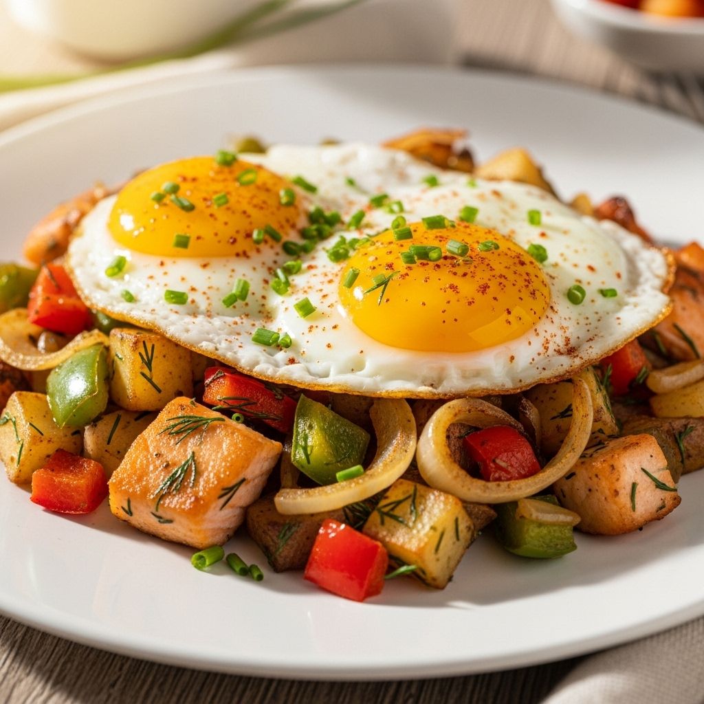 Transform a simple breakfast into a feast with this protein-rich salmon hash, crowned with perfectly cooked sunny-side up eggs.